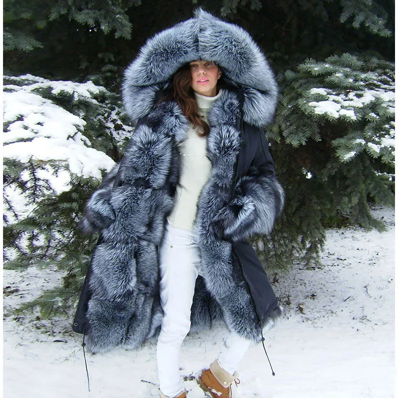 TOPFUR Luxury New Women Real Fur Parka Natural Silver Fox Fur With Fox Fur Liling Collar Winter Warm Fur Jacket Parka