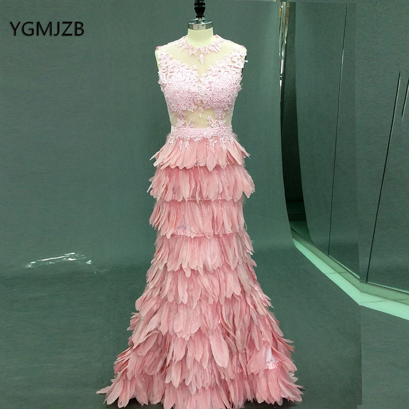 Robe de soirée de forme sirène, luxueuse robe longue rose, plumes