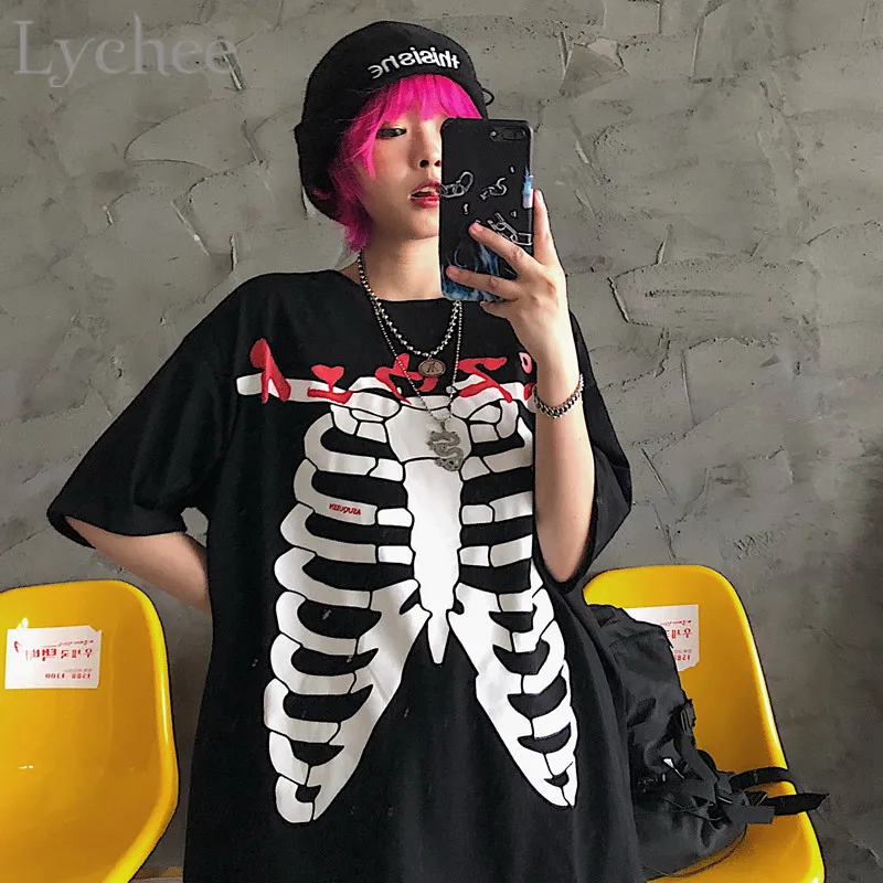 

Lychee Harajuku Skull Japanese Print Women T Shirt Skeleton Print O-Neck Short Sleeve Casual Loose Female Tshirts Tops