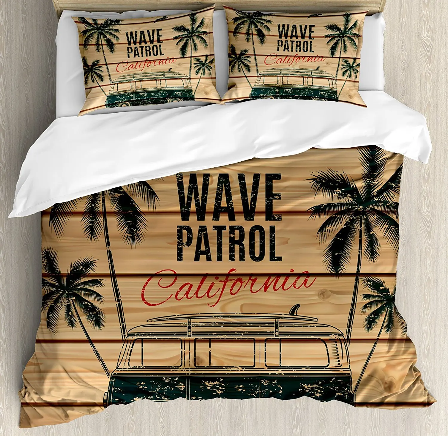 

Surf Vintage Minivan with Tropical Trees on Wooden Planks Freedom Fun Wave Weekend Theme Decorative 4pcs Bedding Set Brown Teal