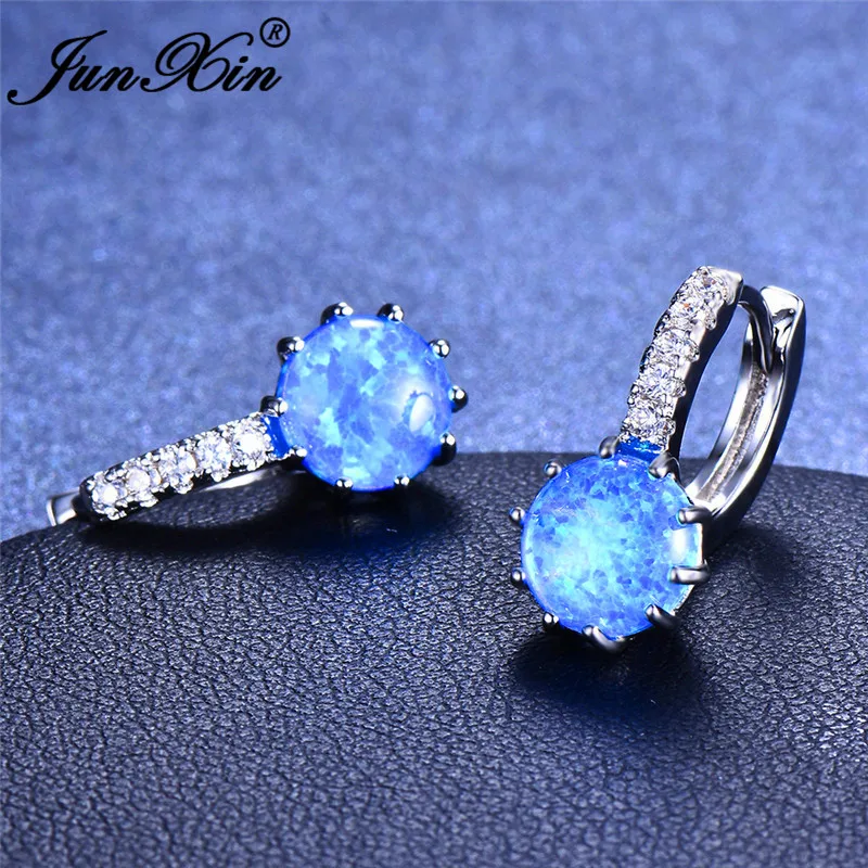 Модные женские круглые серьги-кольца Boho, серебряные Свадебные украшения 925 пробы, белые синие пожарные серьги с камнями-опалами для женщин