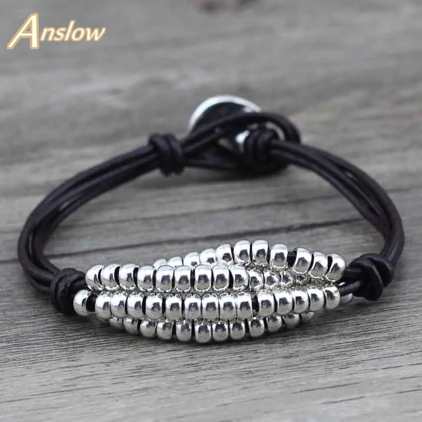 

Anslow Top Quality New!New! Brand Antique Silver Plated Healthy Zinc Alloy Beads Leather Bracelet For Women Men Kids LOW0374LB