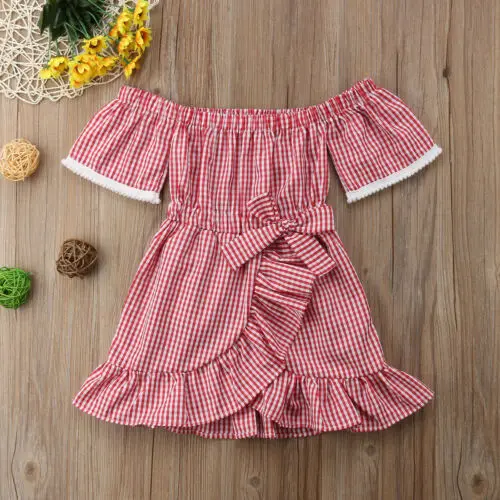 

2019 Summer Toddler Kids Baby Girl Bowknot Print Dress Princess Party Casual Plaid Sundress Outfit 1-5T