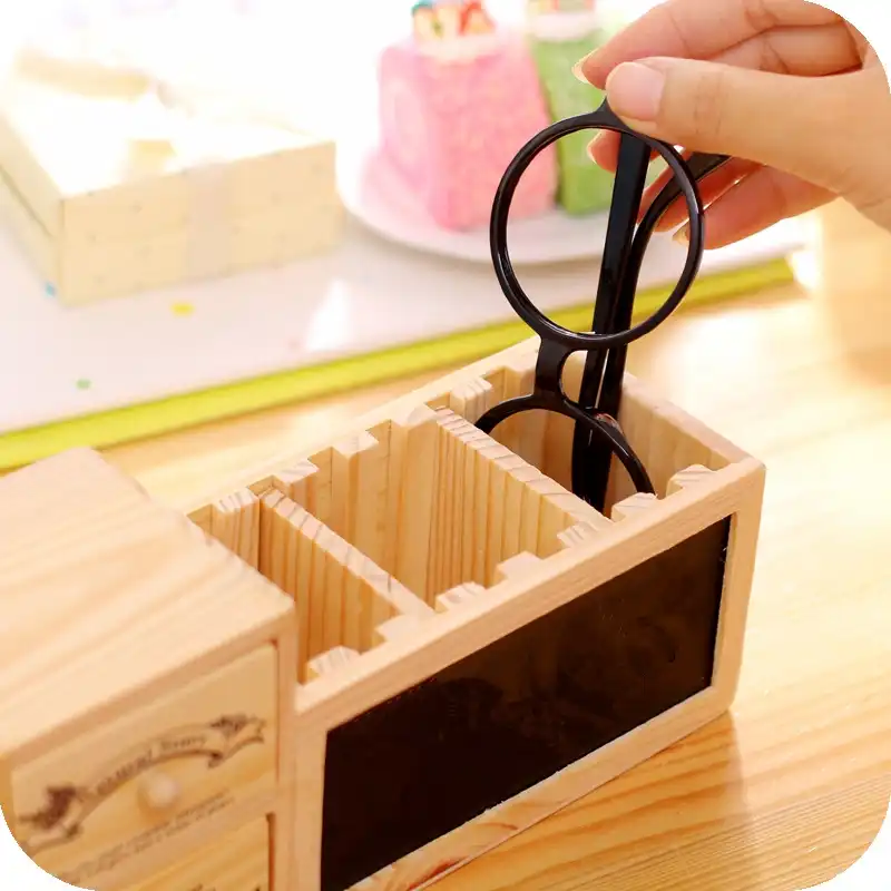 Wooden Pen Holder With Blackboard Cute Desktop Pencil Kawaii Desk Tidy Organizer Pot Creative Office Accessories