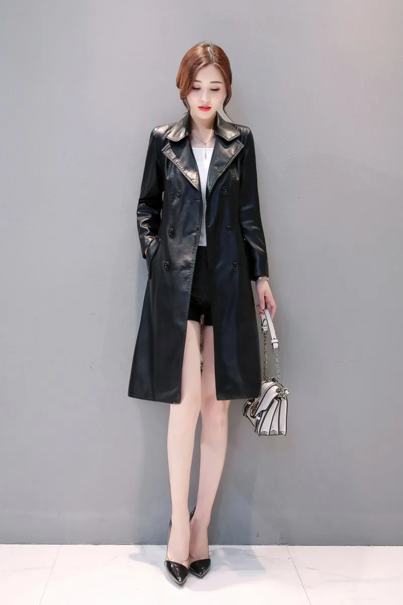 Кожаная куртка женская с меховым воротником Рекс черное красное пальто два пальто Талия раздельная длинная хлопковая ветровка размера плюс M-4XL K811 - Цвет: black