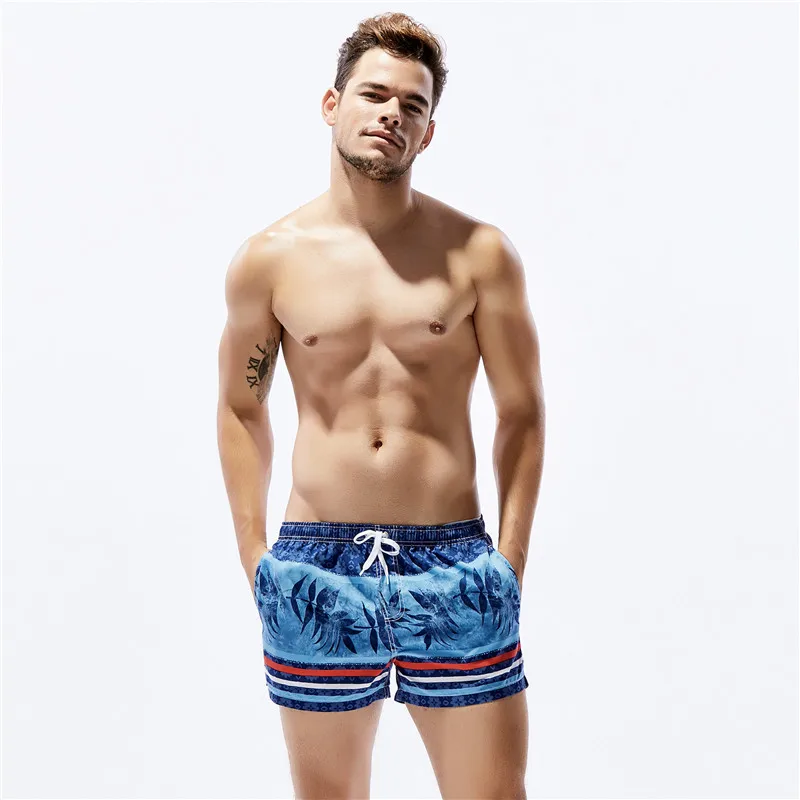 RAY GRACE, летние шорты для серфинга, мужские пляжные шорты в полоску, с принтом листьев, низкая талия, плавки, мужские плавки - Цвет: Blue