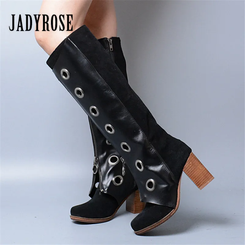 

Jady Rose 2019 New Black Autumn Winter Women Knee High Boots Metal Circle Decor Genuine Leather Feamle High Heel Martin Boots