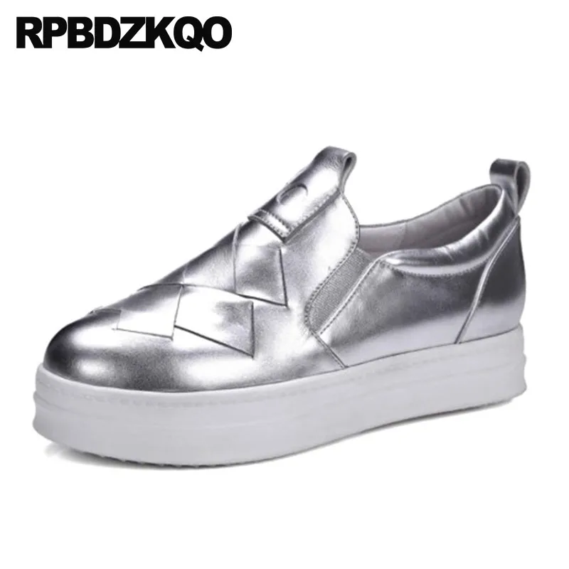 

Real Leather Metallic Platform Slip On Elevator Designer Shoes Women Luxury 2018 Flats Silver Muffin Casual Creepers Thick Sole