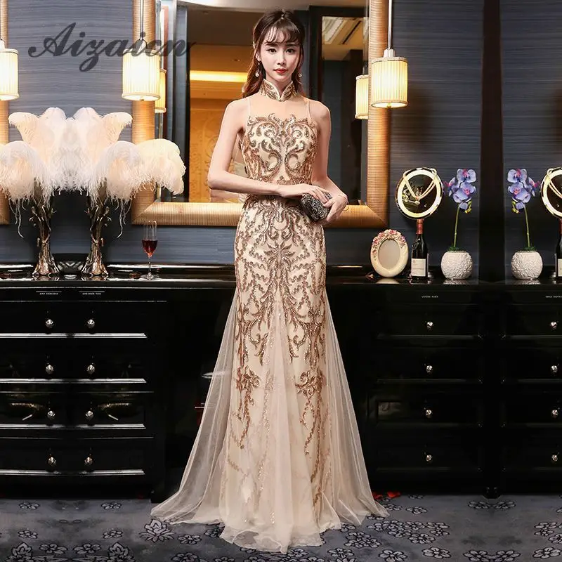 

Modern Chinese Traditional Wedding Dress Cheongsam Sexy Perspective Mesh Sleeveless Qipao Embroidery Gold Brocade Gown Mermaid