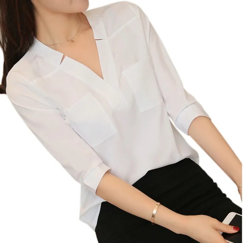 

Summer New Women Chiffon Shirt 3/4 sleeves and V-Neck Casual Solid White Cotton Shirts Tops Streetwear