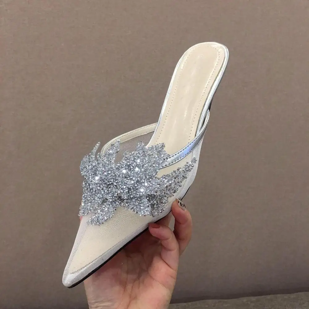 

New Brand Summer Mesh Slippers Sandals Slip-on Pointed Toe Crystal Bling Mules 2019 Low Heel Slippers Outdoor Woman Slides Shoes