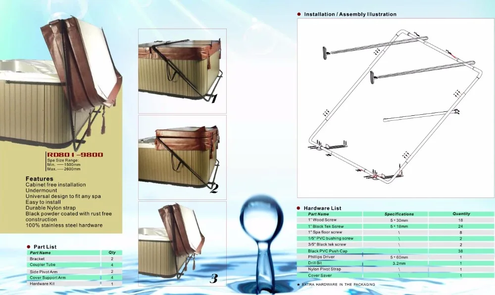 Spa Cover lifter FREE COVER REST aluminum