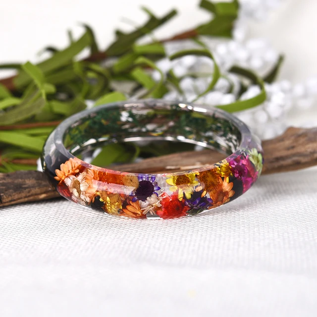 Clear Resin Bangle, Flower Resin Bracelet with Wooden, Pressed