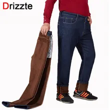 Drizzte зимние коричневые фланелевые теплые мужские джинсы для больших и высоких плюс размер 40 42 44 46 48 50 52 джинсовые штаны