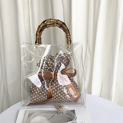 Pvc واضحة شفافة الخيزران أعلى مقبض حقيبة يد المرأة الرجعية للماء حقيبة من الجيلاتين عطلة حقيبة الرسغ مصمم Crossbody حقيبة اليد Pvc واضحة شفافة الخيزران أعلى مقبض حقيبة يد المرأة الرجعية للماء حقيبة من الجيلاتين عطلة حقيبة الرسغ مصمم Crossbody حقيبة اليد