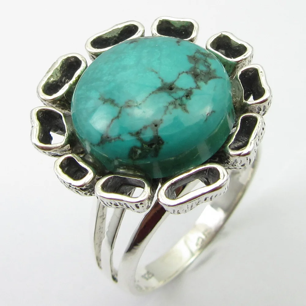 

Solid Silver Genuine Turquoises Ring Sz 8 Face Width 20 mm New Gift Jewelry Unique Designed