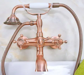 Antique Red Copper Brass Dual Cross Handles Wall Mounted ClawFoot Bath Tub Faucet Mixer Tap With Hand Shower Spray mna340 modern wall mount polished chrome brass bathroom clawfoot hand shower faucet mixer tap set telephone shape hand spray ana209