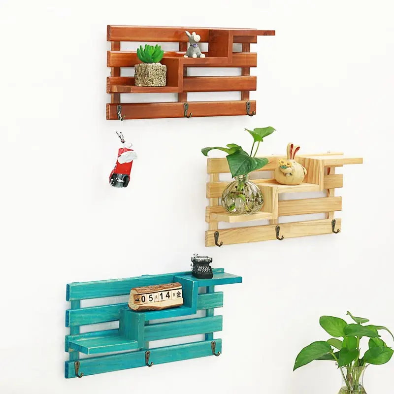

Retro Wall Mounted Wood Rack Shelf Holder Kitchen Bathroom Storage Rack Organizer Key Hanging Storage Holder Home Decoration