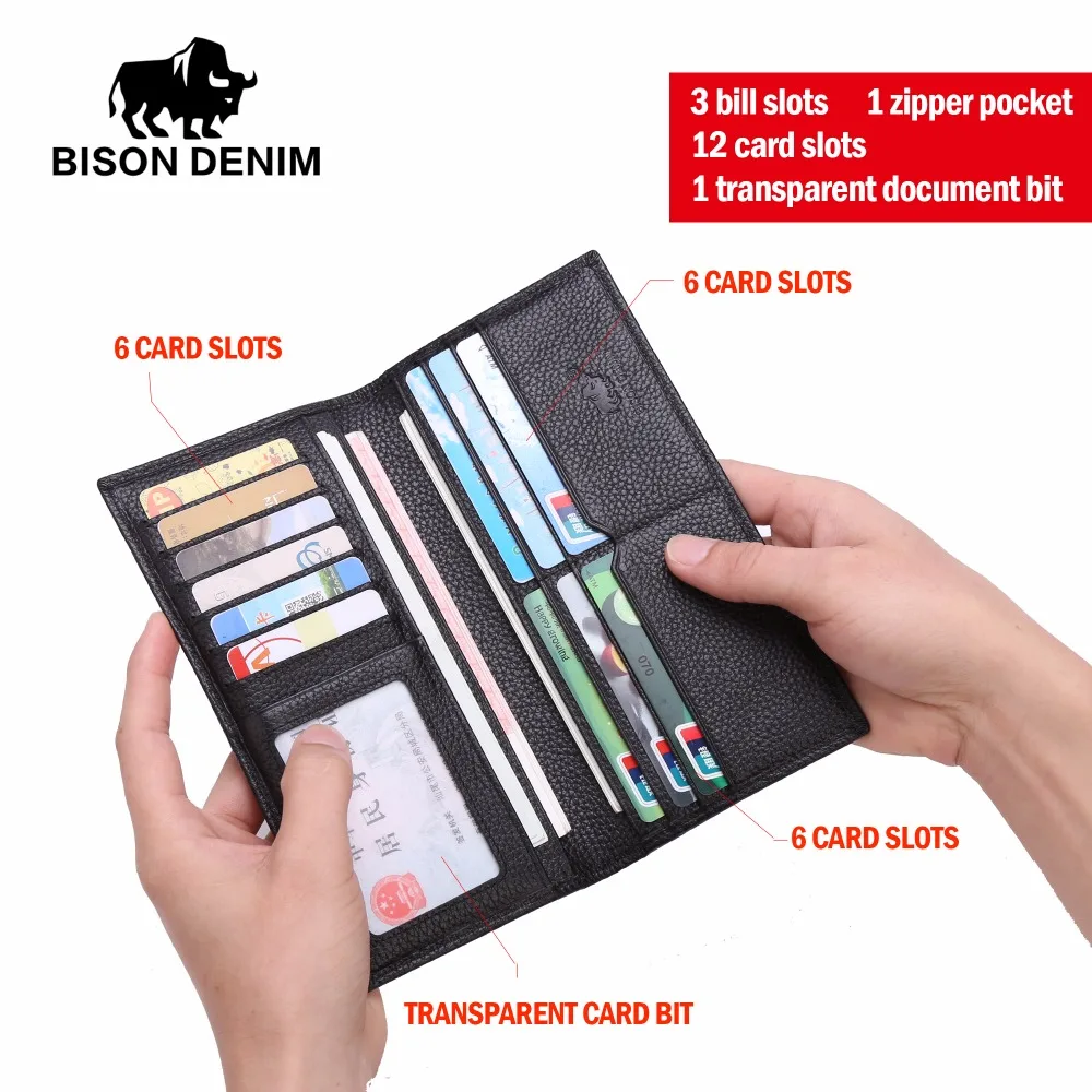 Online BISON DENIM luxus echtes leder männer brieftaschen lange dünne bifold kreditkarte halter geldbörse brieftasche