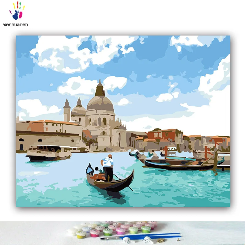DIY цвета картины по номерам с цветами Закат свечение Венецианская картина с изображением лодки Рисунок Живопись по номерам Обрамленный дом - Цвет: 21094