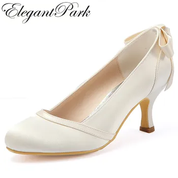 

Woman shoes wedding bridal Mid heel White Ivory Round Toe Bows slip on Satin lady girls bride prom party evening pumps HC1804
