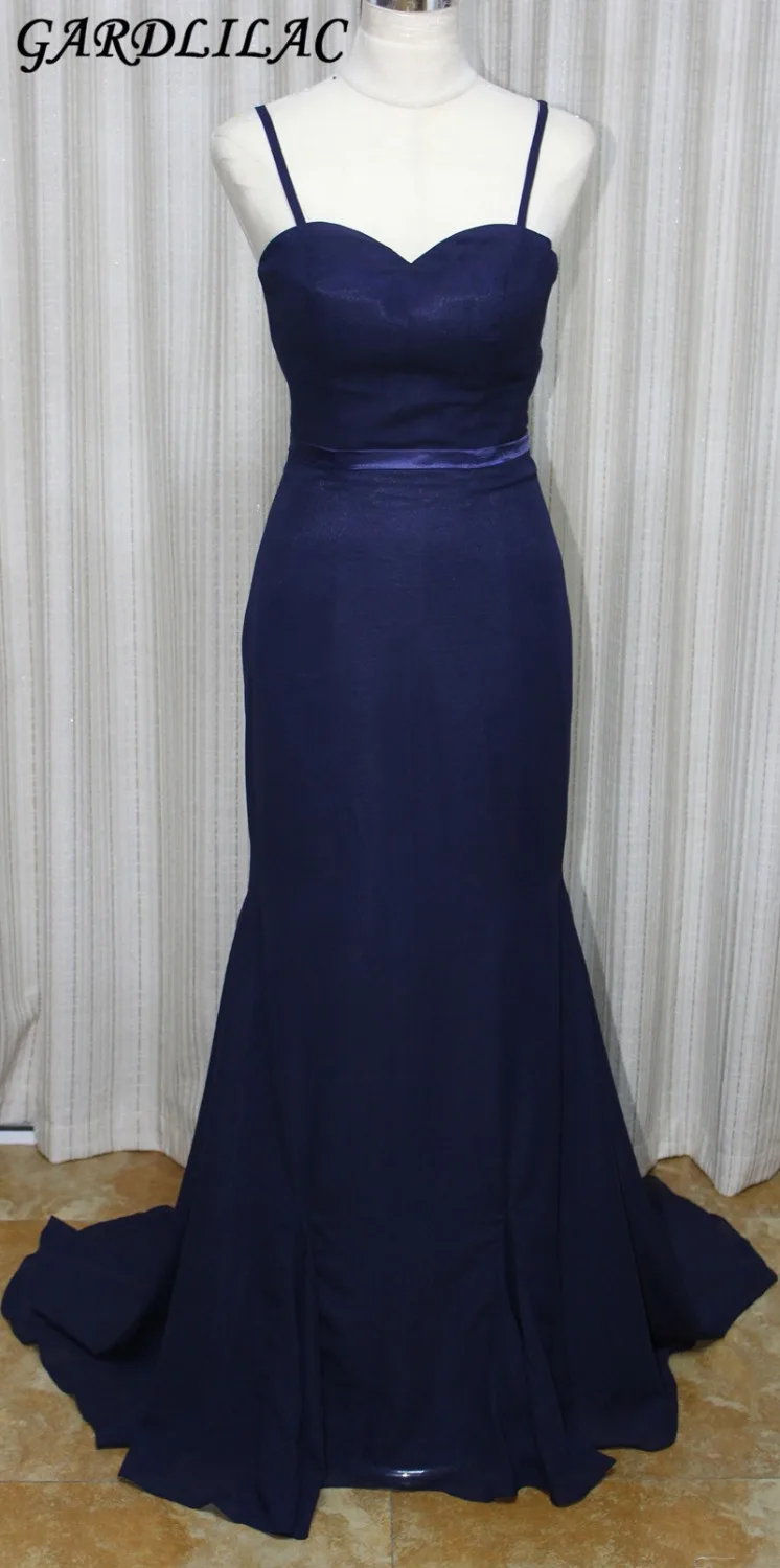 Gardlilac настоящая фотография спагетти Бретели для нижнего белья темно-синий платье подружки невесты Длинные Дешевые шифон Милая суд Поезд