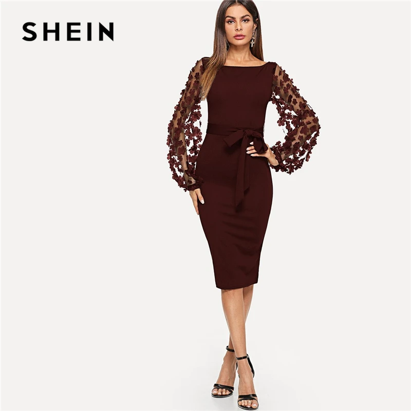 

SHEIN Maroon Party Elegant Solid Flower Applique Mesh Sleeve Form Fitting Skinny Dress Autumn Workwear Women Dresses