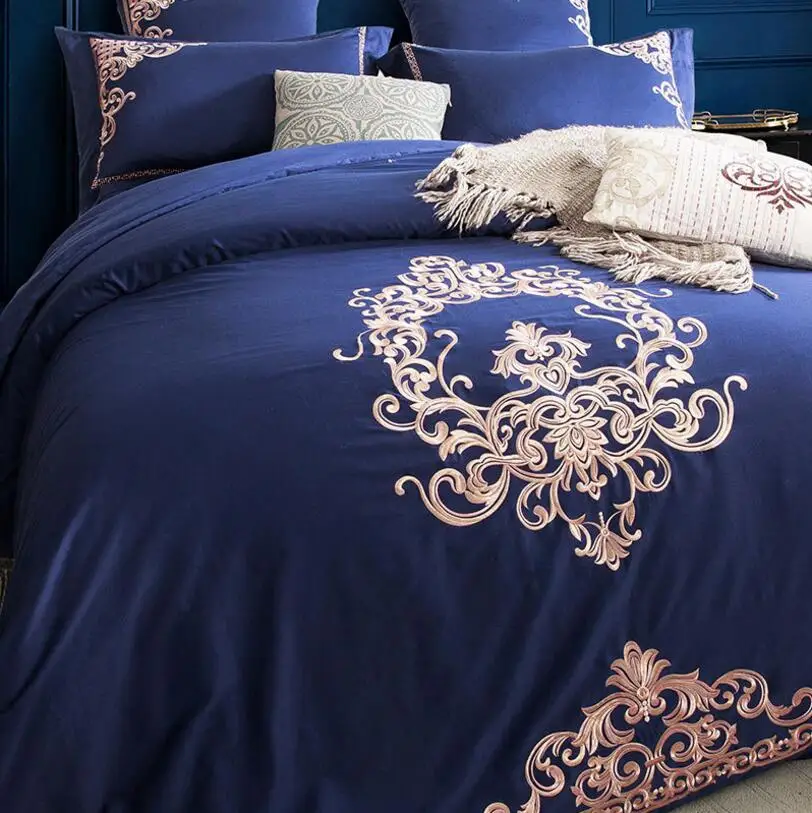 الذهبي التطريز المنسوجات المنزلية الفراش مجموعة فاخرة الملكي أغطية السرير غطاء الأزرق مصر القطن حاف الغطاء ملاءات المخدة الذهبي التطريز المنسوجات المنزلية الفراش مجموعة فاخرة الملكي أغطية السرير غطاء الأزرق مصر القطن حاف الغطاء ملاءات المخدة
