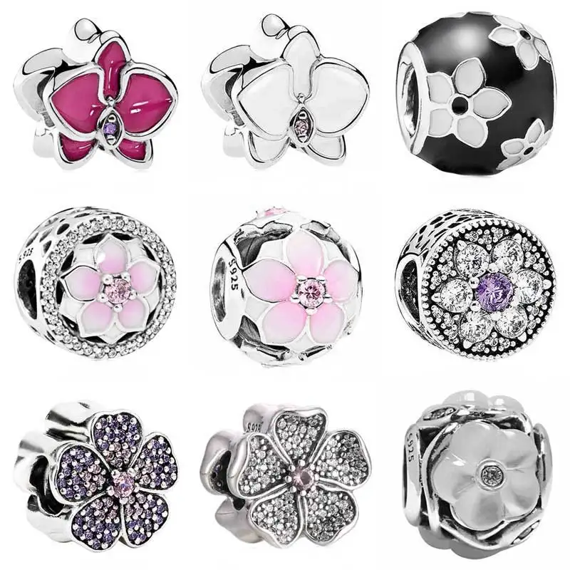 

Pink Sparkling Primrose Forget-me-not Orchid Magnolia Bloom Charm Fit Pandora Bracelet 925 Sterling Silver Bead Charm Jewelry
