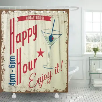 

Fabric Shower Curtain Hooks Cocktail Retro Vintage Happy Hour Drink Typographical Design Beer Party Bar Sign Word Decorative