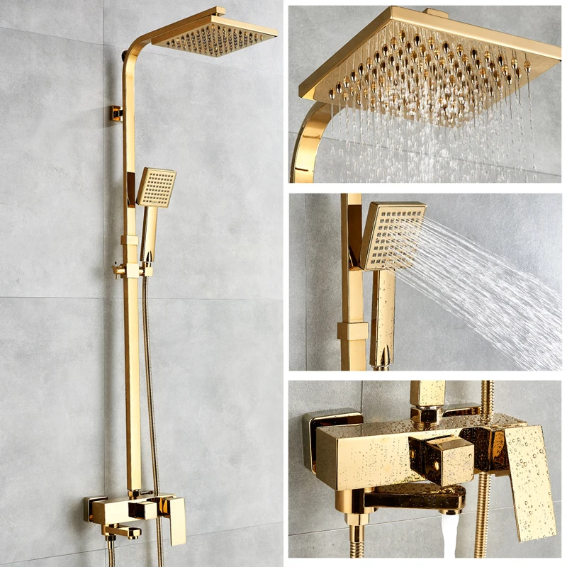 Polished Gold Brass Bathroom Rainfall Shower Faucet Set W/ Tub Mixer Tap Kgf404 
