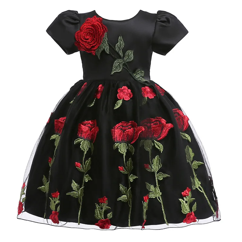 

Girls Black Formal Dress Flower Girl Dresses Beauty Rose Flower Design Tulle Elegant Dresses For Girl Party Wear Prom Ball Gowns