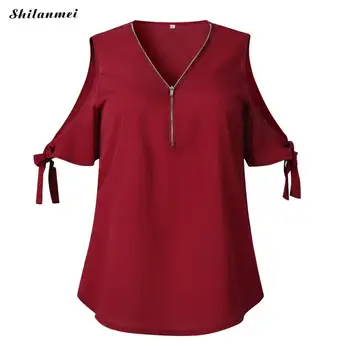 

Women 2019 Summer Hollow Out Fashion Sexy Chiffon Blouses Short Sleeve V-Neck Tops Women Zipper Solid Causal Loose Blousa Mujer