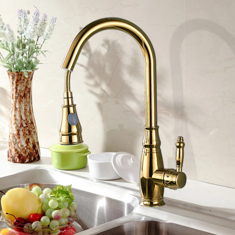 

Uythner Golden Polish 4 color Kitchen Faucet Pull Out 2-Function Switch Swivel Spout Sink Mixer Tap Single Handle Deck Mount