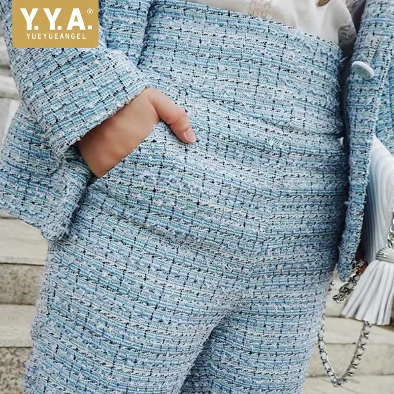 

2019 Spring Summer Women Blue Thin Tweed Pants Top Brand High Waist Office Ladies Slim Fit Trousers Straight Ankle Length Pants
