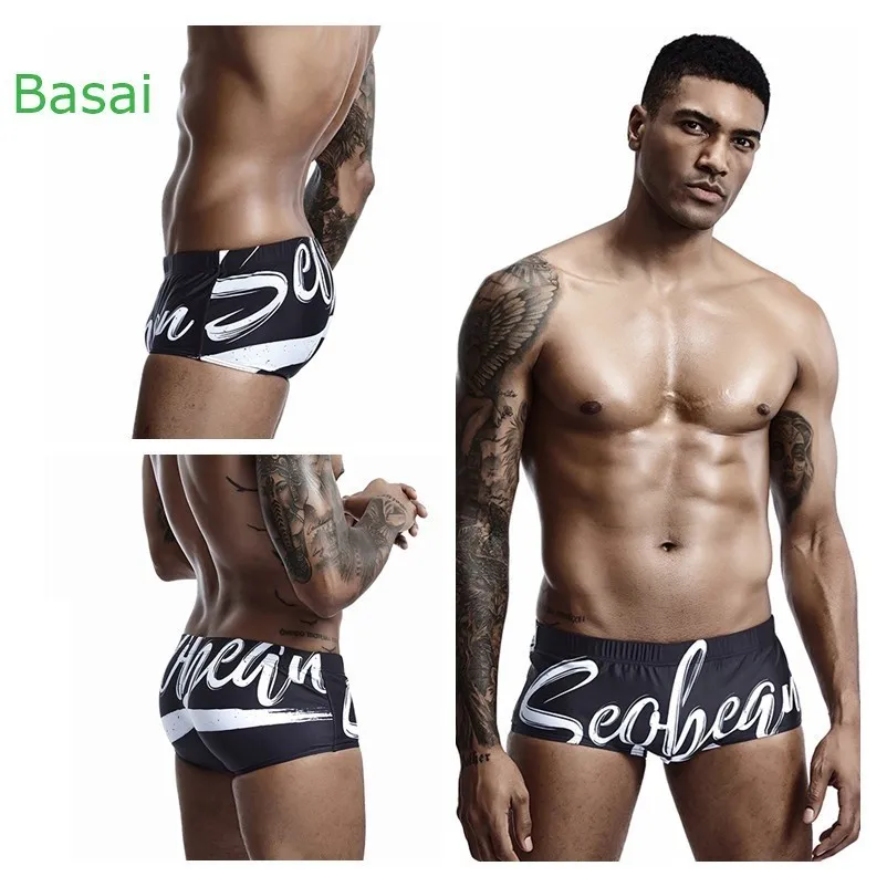 Sexy Stripes Men's Swimwear Bikini Swimming Trunks Men Swimsuit Seobean Gay Mens Swim Wear Beach Surf Bathing Suit Sport Shorts - Цвет: Black