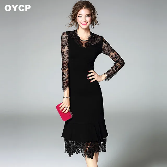 OYCP femmes à manches longues en dentelle noire robe mi,longue dames sexy moulante enveloppement