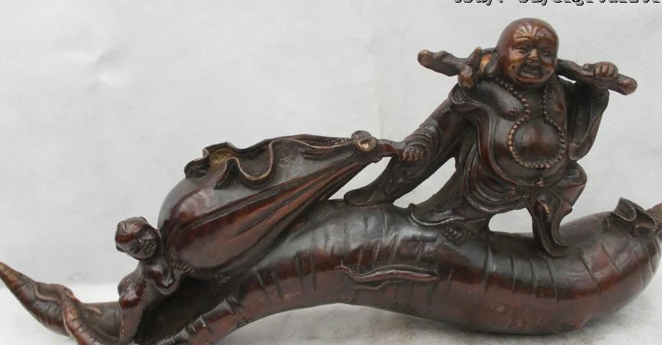 

8"Chinese Buddhism Bronze Lucky Boy Cloth Bag Maitreya Buddha ginseng Statue