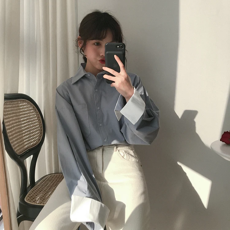 Kopen 2 kleuren 2019 lente patchwork mouw lange mouwen losse blouses dames shirts vrouwen tops (F3619)