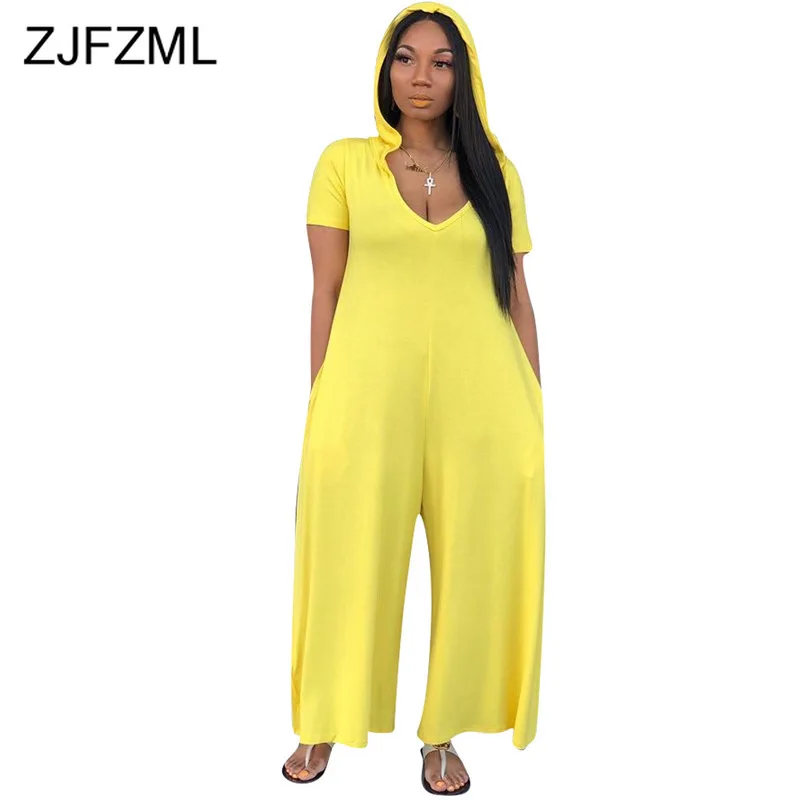 

Plus Size Rompers Womens Jumpsuit Summer Yellow Deep V Neck Short Sleeve Wide Leg Bodysuit Summer Red Hooded Loose Long Overalls