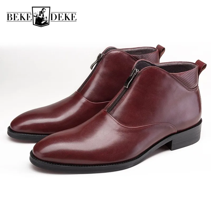 Luxury Cowhide Genuine Leather Boots Men Black Wine Red Autumn Winter