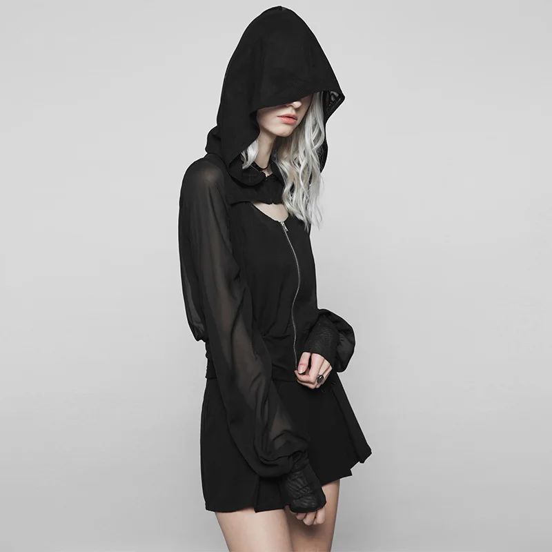 

PUNK RAVE Women Gothic Long-sleeved Loose Jacket Steampunk Transparent Chiffon Hood Outerwear Coat