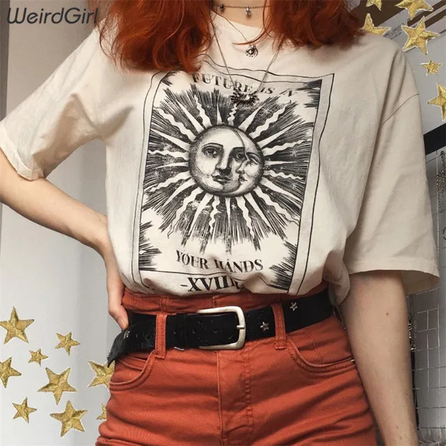US $8.64 Weirdgirl women casual fashion t-shirt khaki letter sun moon print loose o-neck half sleeve elastic