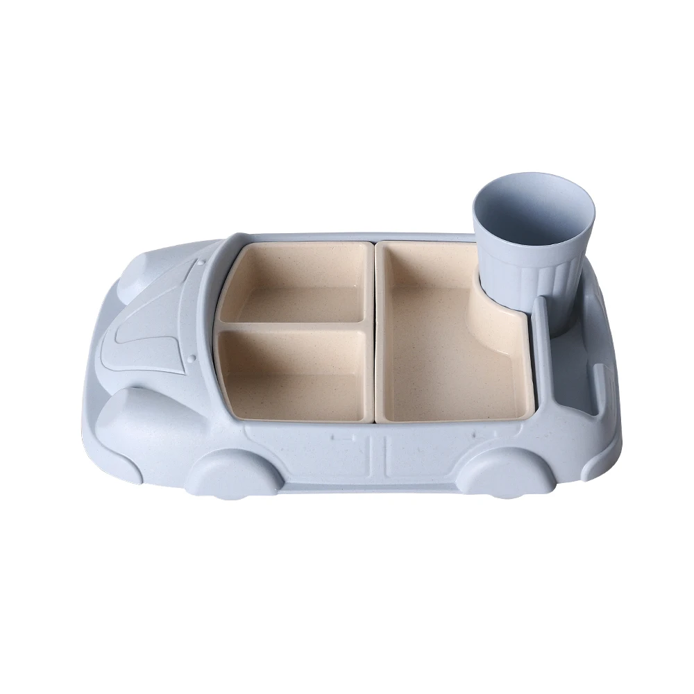 GZZT Bamboo Fiber Baby Dishes Blue Cartoon Car Shape Lunch Box Bowl Children Kid Infant Rice Feeding Plate Dinnerware Sets