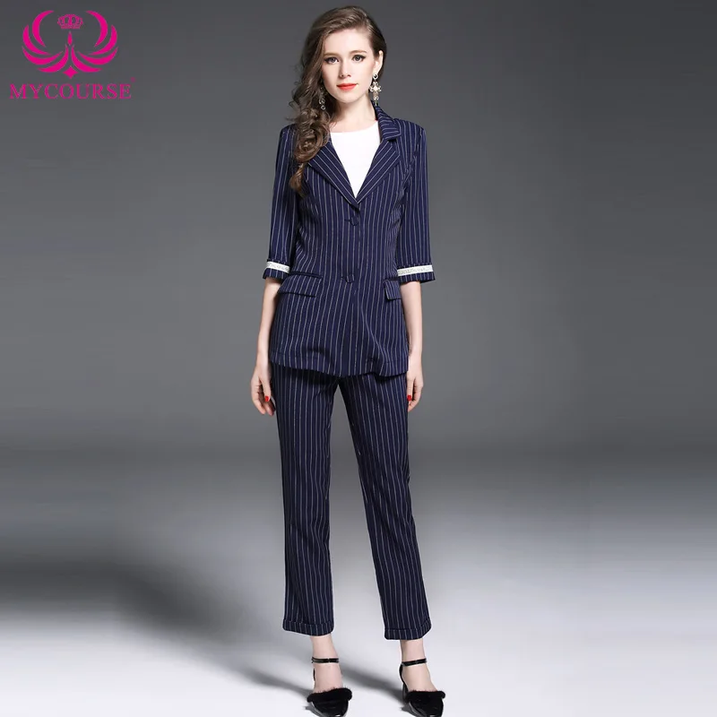 MYCOURSE 2017 New Autumn and Winter Fashion Women's Costumes Plaid Blazer With Striped Pencil Pants Set Female Office Suit Set MYCOURSE 2017 New Autumn and Winter Fashion Women's Costumes Plaid Blazer With Striped Pencil Pants Set Female Office Suit Set