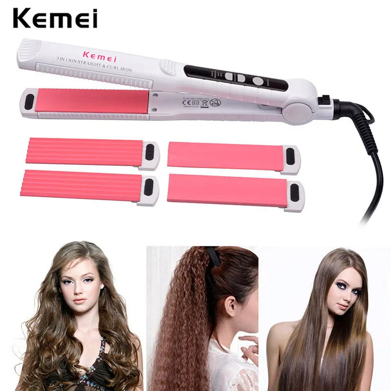 Professional Kemei 3 in 1 Ceramic Hair Crimper Straightener Curler Iron