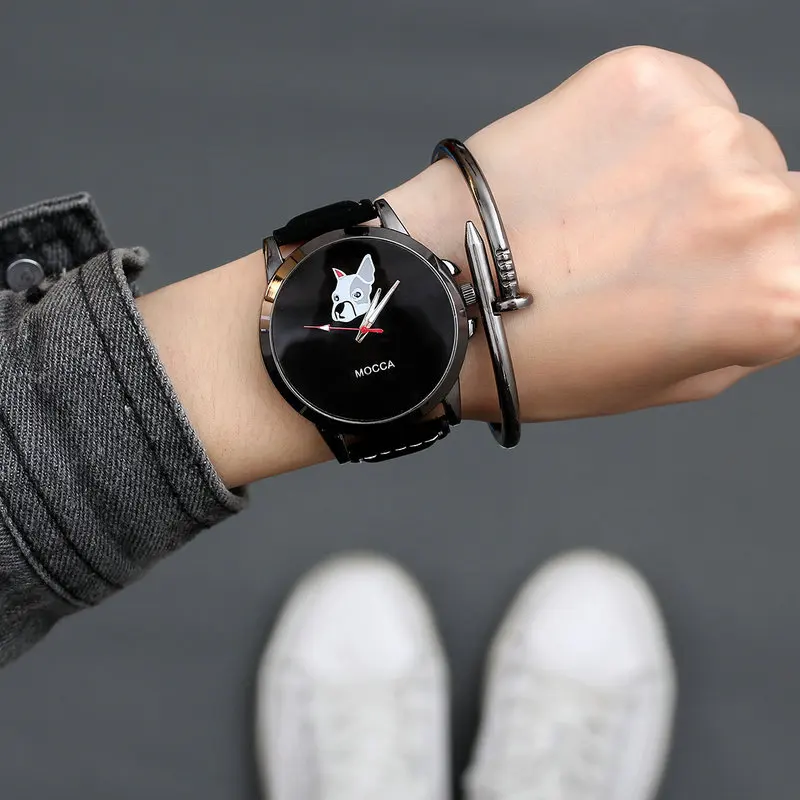 

relogio feminino 2019 creative men women fashion quartz wristwatches leather strap mocca dog theme watches for young sports hour