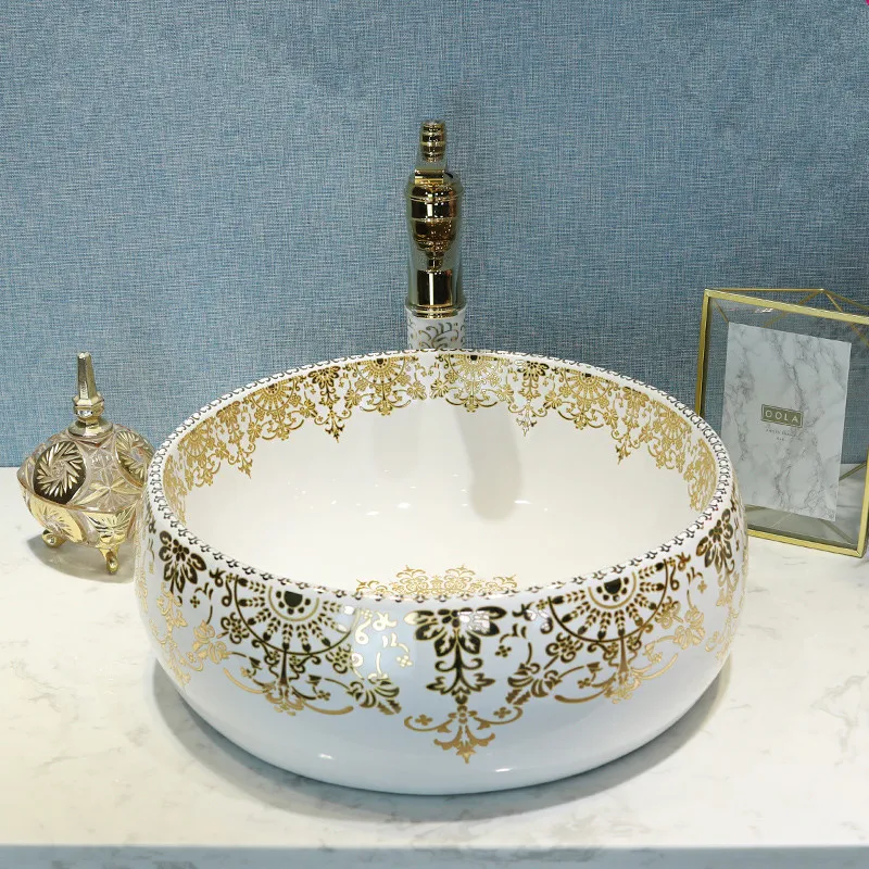 

China Artistic Porcelain Handmade Ceramic Lavabo Bathroom Vessel Sink Gold Patterned Countertop wash basin