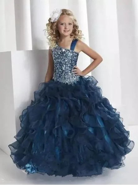 

Princess Spaghetti Straps Ball Gown Glitz Pageant Dresses crystal organza stack up ruffles dark navy little Girls Dresses