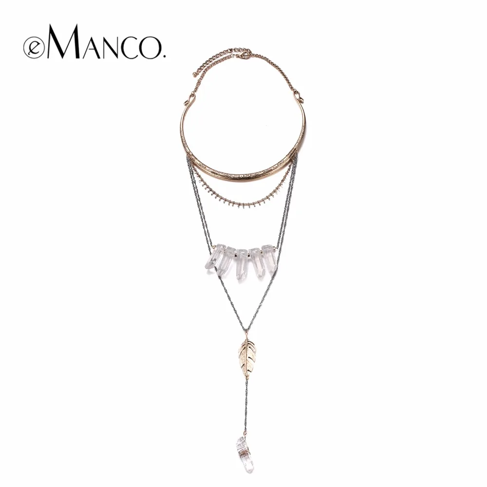 eManco Fashion Multi Layer Chain Statement Necklace Pendant Women Imitation Stone Resin Metal Gold Plated Brand